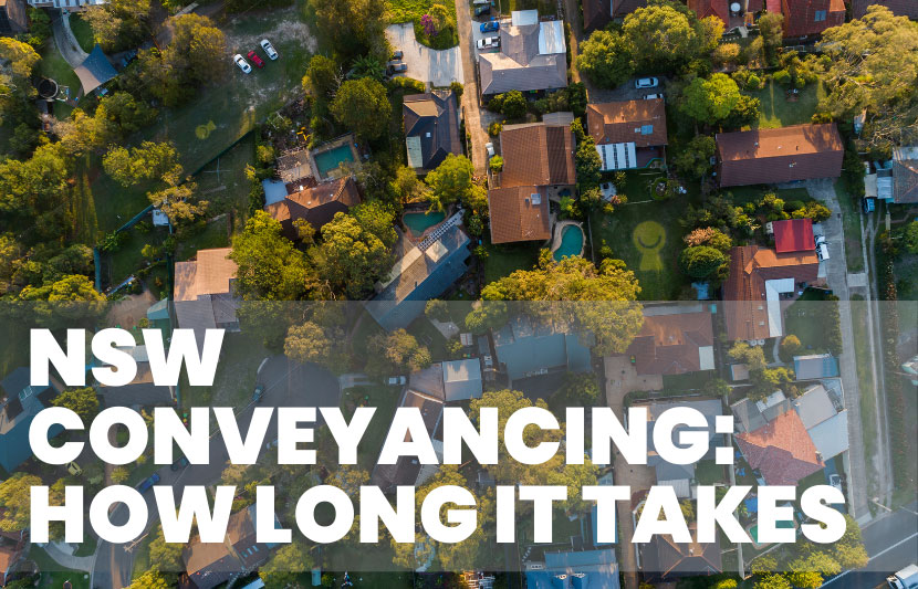 Aerial view of suburban houses in New South Wales with large white text overlay reading “NSW Conveyancing: How Long It Takes.