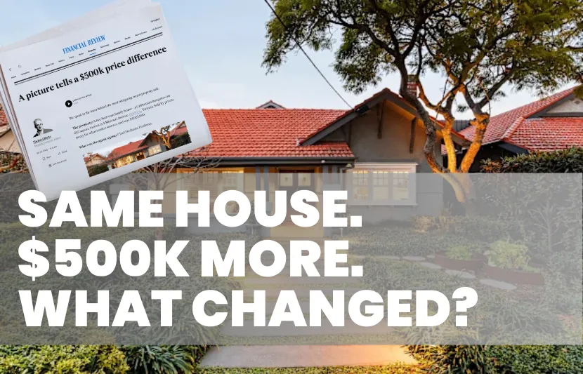 Exterior of a suburban house with a red tile roof, viewed at dusk with warm lights glowing inside. A Financial Review newspaper clipping is overlaid in the top left corner with a headline about a $500K price difference. Large white overlay text reads “Same House. $500K More. What Changed?