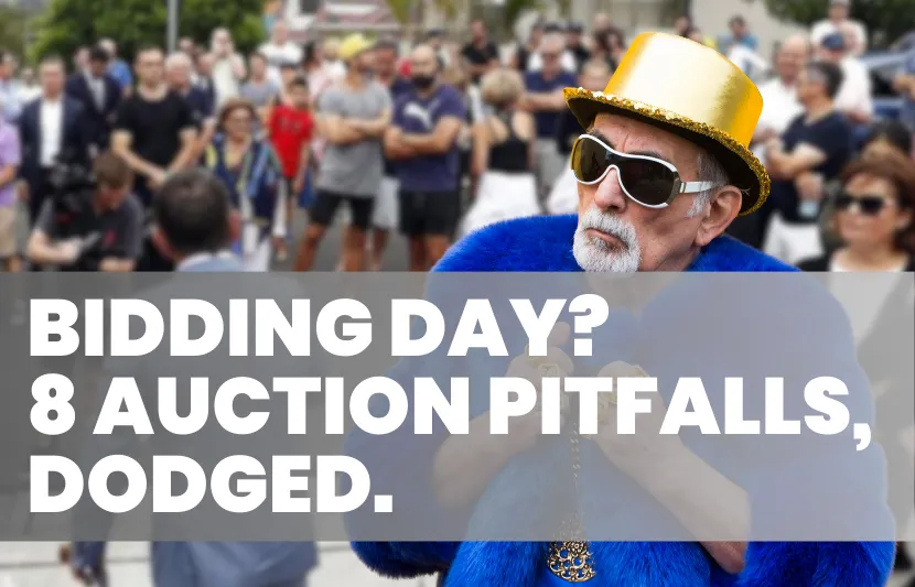 Older man wearing a shiny gold hat, oversized sunglasses, and a bright blue fur coat stands confidently at a crowded property auction. People in the background watch the event. White overlay text reads “Bidding Day? 8 Auction Pitfalls, Dodged.