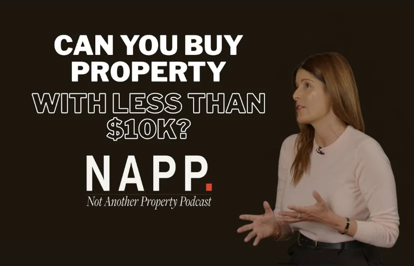 YouTube video thumbnail for Not Another Property Podcast. A woman in a light pink top is speaking, with bold white text beside her reading “Can You Buy Property With Less Than $10K?”. The NAPP logo and tagline “Not Another Property Podcast” appear underneath.