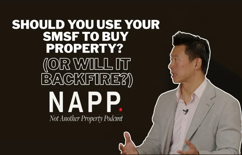 A podcast thumbnail with a man in a light grey blazer and pale pink shirt, speaking with expressive hand gestures. The text on the left reads: “SHOULD YOU USE YOUR SMSF TO BUY PROPERTY? (OR WILL IT BACKFIRE?) NAPP. Not Another Property Podcast.” The background is dark brown, with the man outlined in white for emphasis.