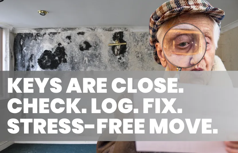 Elderly person inspecting a wall with mould through a magnifying glass, with bold headline text “Keys are close. Check. Log. Fix. Stress-free move.