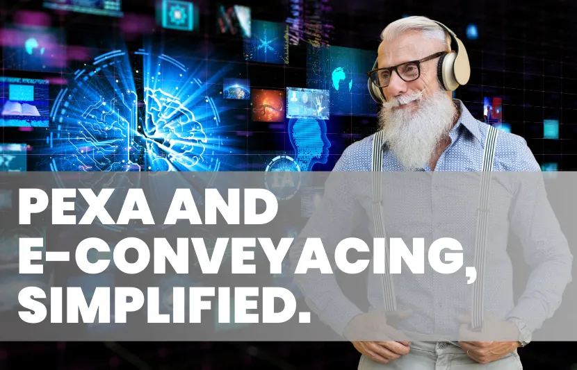Titlespace guy with headphones standing before digital graphics with the text “PEXA and e-conveyancing, simplified.”
