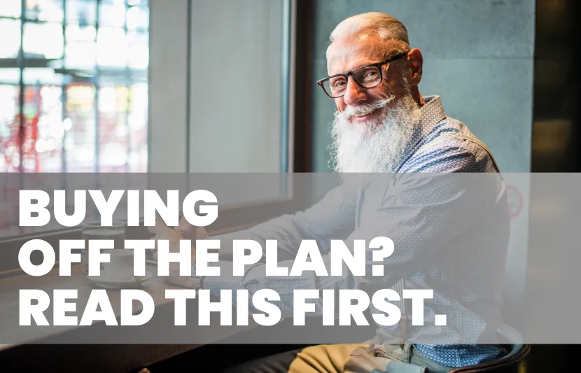Man sitting at a cafe with text “Buying Off the Plan? Read This First” promoting an off the plan conveyancing guide for property buyers.