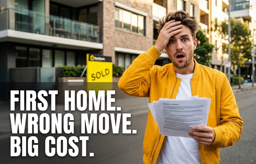 Worried first home buyer holding contract paperwork outdoors, illustrating the cost of skipping a contract review done by a licensed conveyancer before buying.