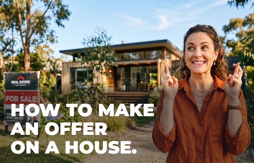 A hopeful first-home buyer, young Australian woman, early 30s, brown wavy hair, in a burnt-orange/rust button-up shirt, stands to the right of frame with both fingers crossed held up near her face, looking up with an excited, "please say yes" expression. Behind her, a sunlit modern timber Australian home with a FOR SALE sign on the lawn, blue sky, warm natural light. Editorial lifestyle style, emotional and aspirational, not corporate stock. No documents, no signing, no agent handshake (Titlespace tells buyers not to sign anything when making an offer). Left side kept clear as title-safe space.